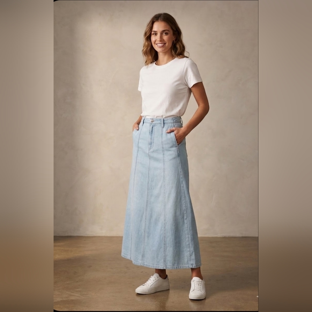 Zara Light Blue Denim A-Line Maxi Skirt